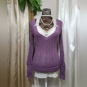 ♡ Y2K ♡ Aeropostale Purple V Neck Cableknit Angora Babydoll Sweater 2000s